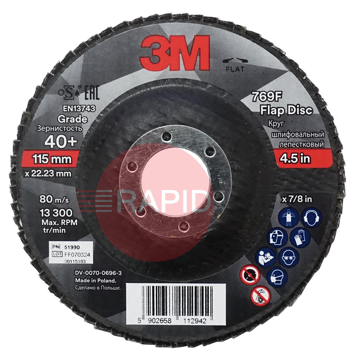 3M-51990  3M Silver Flat Flap Disc 769F 115mm x 22.23mm, 40+ Grit (Box of 10)