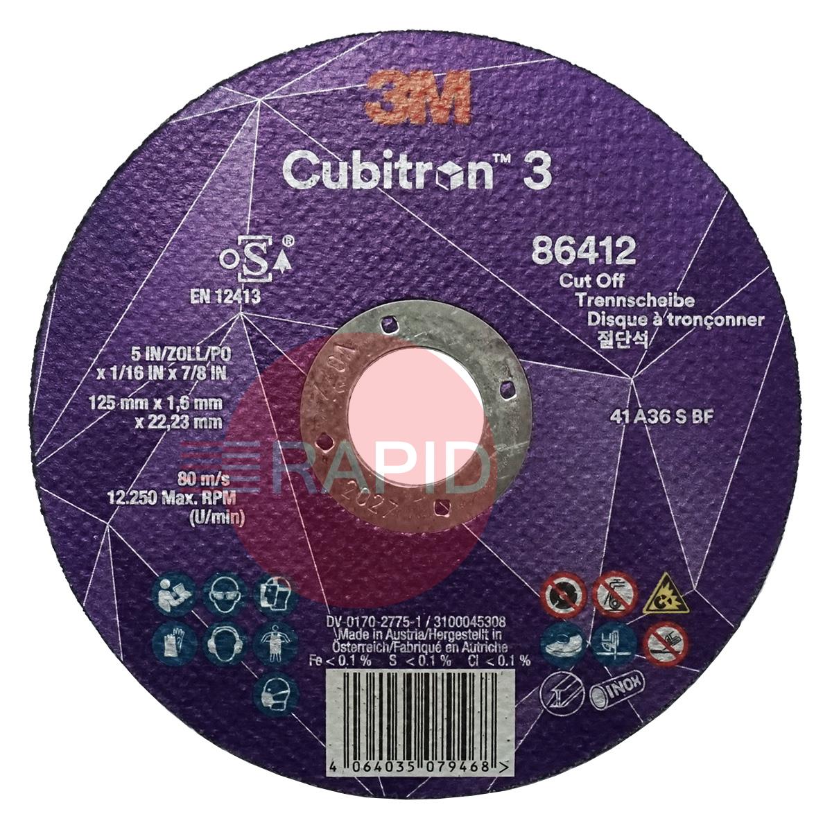 3M-86412  3M Cubitron 3 125mm (5) x 1.6mm Cut Off Wheel