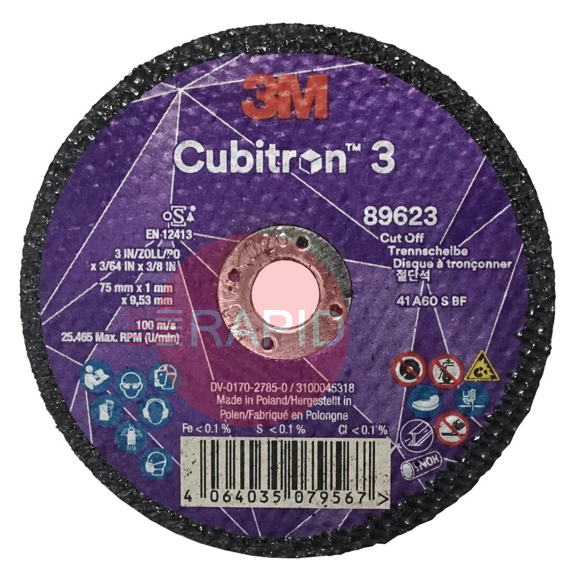 3M-89623  3M Cubitron 3 75mm (3) x 1.0mm Cut Off Wheel