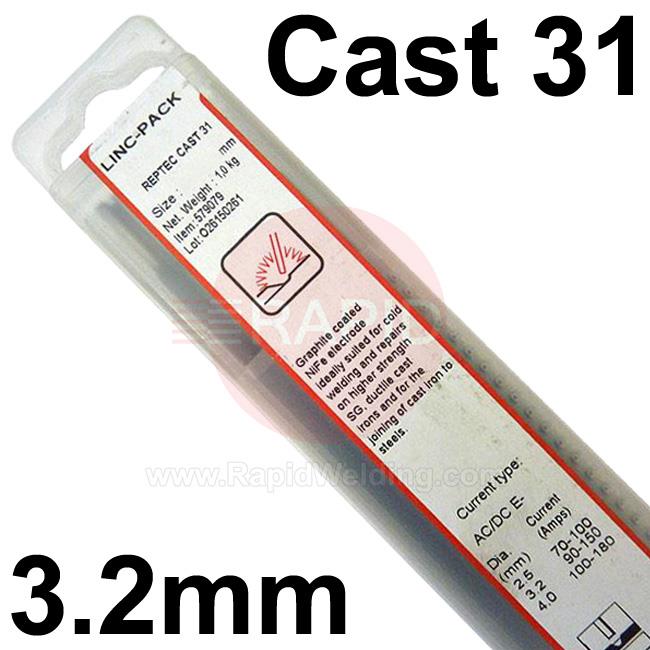 579079  Lincoln RepTec Cast 31 Repair Electrodes 3.2mm Diameter x 350mm Long. 1.0kg Linc-Pack. ENiFe-CI