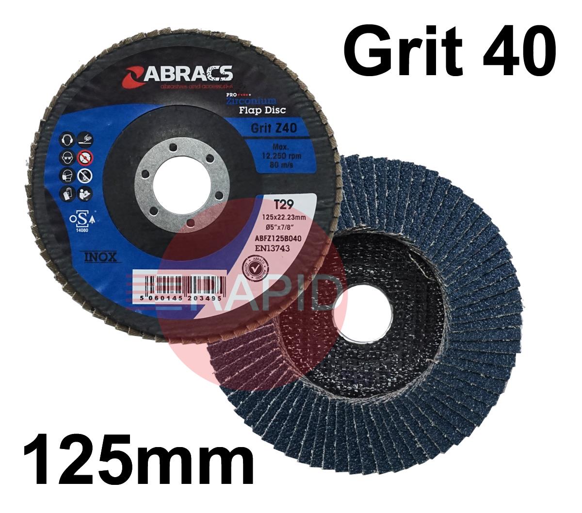 ABFZ125B40  Abracs Pro 125mm (5) Depressed Centre Zirconium Flap Disc. For Steel & Stainless Steel - 40 Grit.