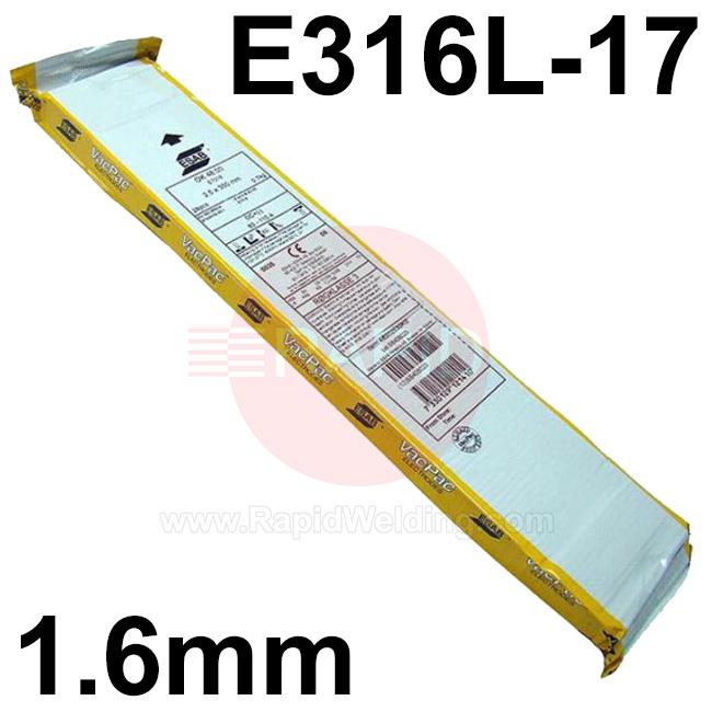 E316L16E  Esab OK 63.30 Stainless Steel Electrodes 1.6mm Diameter x 300mm Long. 0.7kg Vacpac (93 Rods). E316L-17