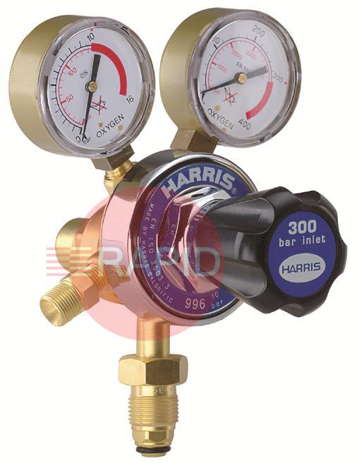 H1042  Harris Oxygen 996 Two Stage Two Gauge Regulator 4.0 Bar. 5/8 BSP RH Cylinder Connection, 3/8 BSP Outlet, UK Fitting Only