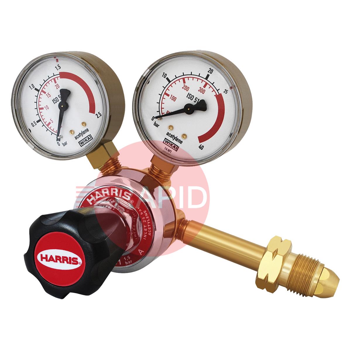 H1115  Harris 801 Acetylene Single Stage Two Gauge Regulator, Side Entry, 1.5 Bar, 5/8 BSP LH Cylinder Connection, 3/8 BSP Outlet, UK Fitting Only