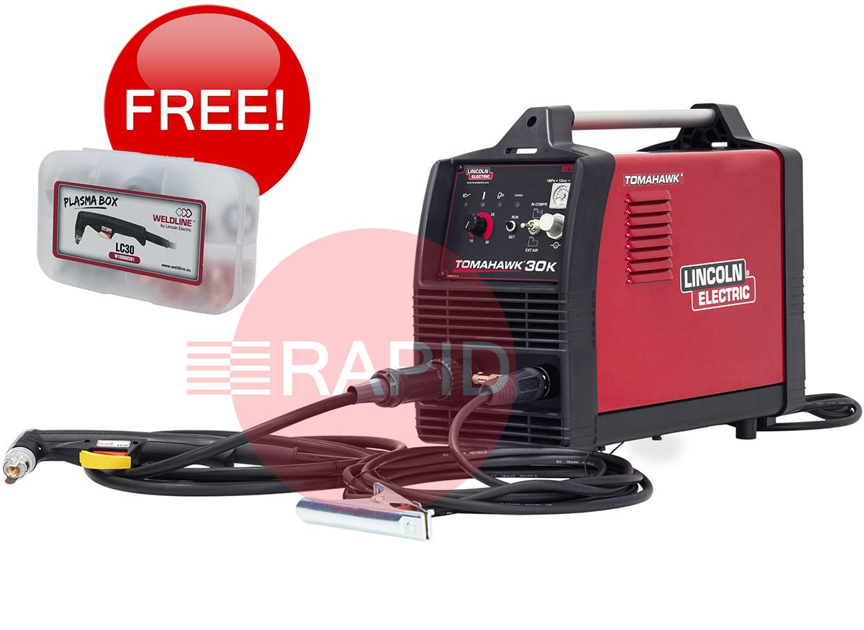 K12038-3  Lincoln Tomahawk 30K Plasma Cutter w/ Built in Compressor & 4m LC30 Hand Torch, 16mm Cut - 230v, 1ph