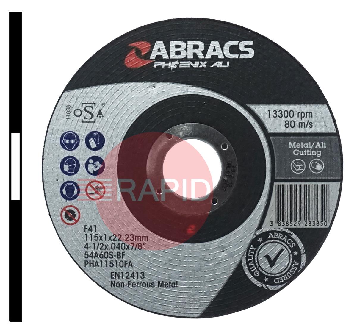 PHA11510FA  Abracs Phoenix Ali 115mm (4.5) Depressed Centre Cutting Disc 1mm Thick. Grade 54A60S-BF For Aluminium.