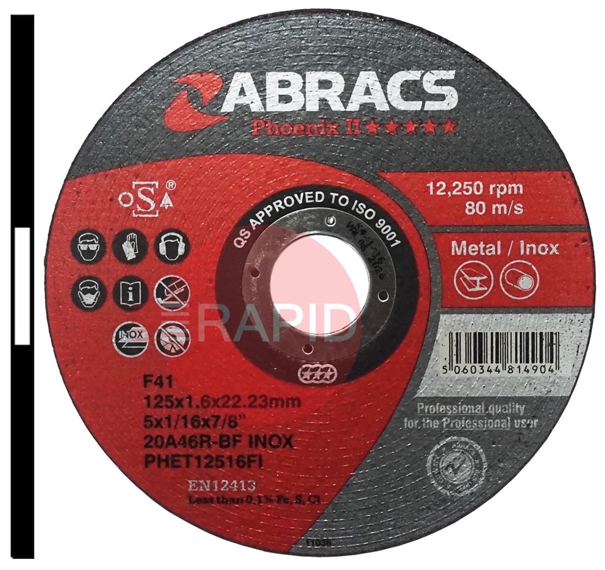 PHET12516FI  Abracs Phoenix II 125mm (5) Slitting Cutting Disc 1.6mm Thick. Grade 20A46R Inox-BF For Steel & Stainless Steel.