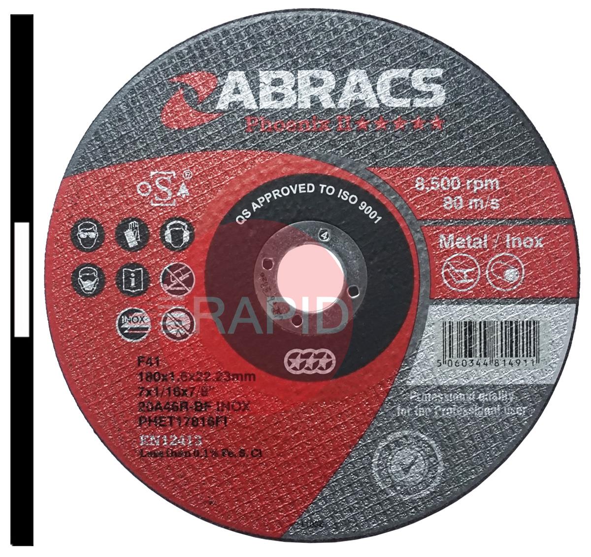 PHET17816FI  Abracs Phoenix II 180mm (7) Slitting Cutting Disc 1.6mm Thick. Grade 20A46R Inox-BF For Steel & Stainless Steel.