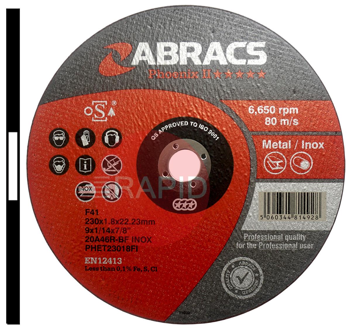 PHET23018FI  Abracs Phoenix II 230mm (9) Slitting Cutting Disc 1.8mm Thick. Grade 20A46R Inox-BF For Steel & Stainless Steel.